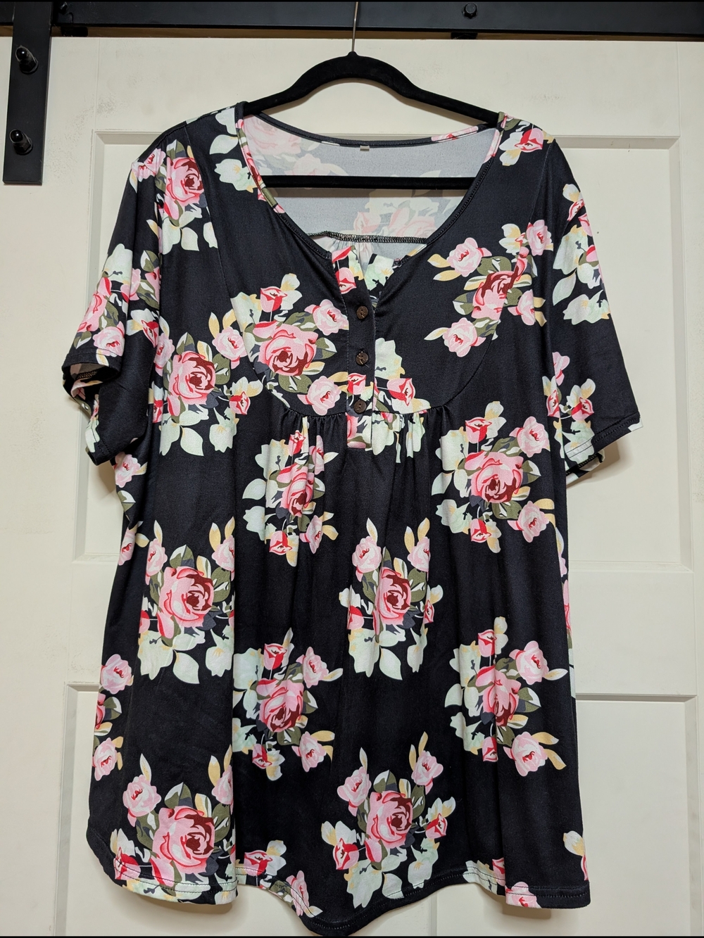 Floral V-Neck Short Sleeve Top - Pink Rose Print 3xl (31 PTP)